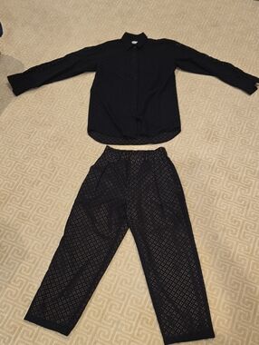 Kimberly Taylor Black Eyelet Button-Down Shirt & Matching Pants Set, Size Large